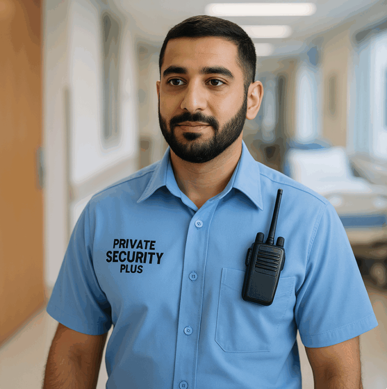 Private Security Plus officer patrolling a healthcare facility wearing a uniform with radio equipment.